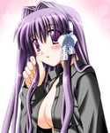  clannad fujibayashi_kyou hair_intakes hair_ribbon hair_tousle long_hair long_sleeves no_bra open_clothes open_shirt otoki_raku purple_eyes purple_hair ribbon shirt solo 