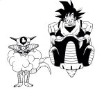  2boys annoyed black_eyes black_hair clenched_teeth commentary_request crossed_arms dougi dragon_ball flying_nimbus flying_vehicle frieza frown grin height_difference highres horns lee_(dragon_garou) looking_at_another looking_at_viewer male_focus monochrome multiple_boys short_hair simple_background sitting smile son_gokuu space_craft spiked_hair standing sweatdrop teeth white_background wristband 
