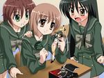  black_hair blush brown_eyes brown_hair figure green_eyes long_sleeves multiple_girls ogata_matake sanshita school_uniform shakugan_no_shana shana yoshida_kazumi 