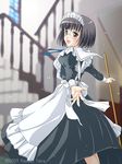  2005 :d apron black_hair brown_eyes glasses kayazu_taira long_sleeves maid maid_headdress open_mouth original short_hair signature smile solo stairs 