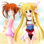  arms_behind_back belt blonde_hair brown_hair casual_one-piece_swimsuit fate_testarossa ferret frilled_swimsuit frills long_hair looking_back lyrical_nanoha mahou_shoujo_lyrical_nanoha multiple_girls name_tag no_shirt one-piece_swimsuit one_eye_closed purple_eyes red_eyes school_swimsuit skirt swimsuit swimsuit_under_clothes takamachi_nanoha twintails very_long_hair yuuno_scrya 