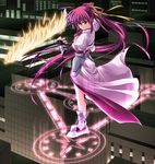  ahoge angry blue_eyes boots building cityscape elbow_gloves fingerless_gloves fire flaming_sword gloves hair_ribbon jacket levantine long_hair long_sleeves lyrical_nanoha magic_circle magical_girl mahou_shoujo_lyrical_nanoha mahou_shoujo_lyrical_nanoha_a's open_clothes open_jacket pink_hair ponytail ribbon signum solo sword very_long_hair waist_cape weapon yuki_(white_garden) 