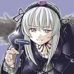  artist_request long_hair long_sleeves pink_eyes pun raised_eyebrow razor rozen_maiden silver_hair solo suigintou wings 