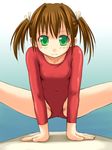  bosshi brown_hair copyright_request covered_nipples flat_chest green_eyes gymnast_leotard gymnastics leotard long_sleeves red_leotard solo split spread_legs twintails 