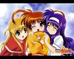  ^_^ aqua_eyes arisa_bannings blonde_hair blush brown_hair closed_eyes cloud copyright_name day ferret hairband happy holding hug leaning_forward long_hair long_sleeves lyrical_nanoha mahou_shoujo_lyrical_nanoha midriff multiple_girls navel okuda_yasuhiro one_eye_closed orange_shirt outdoors pointing purple_eyes purple_hair shirt short_twintails sky smile takamachi_nanoha tsukimura_suzuka turtleneck twintails wallpaper white_hairband yuuno_scrya 