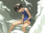  black_hair cliff closed_eyes hand_under_clothes hand_under_swimsuit hate_shinaku_aoi_kono_sora_no_shita_de.... leaning_forward masturbation matsukura_ai one-piece_swimsuit open_mouth rock school_swimsuit short_hair solo swimsuit takamichi 