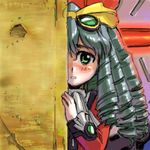  artist_request blush bow drill_hair embarrassed green_eyes grey_hair long_sleeves lowres maria_balthasar peeking_out solo xenogears yellow_bow 
