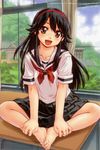  :d artist_name barefoot black_hair black_skirt brown_eyes butterfly_sitting classroom copyright desk feet feet_together hairband highres indoors kamichu! knees_apart_feet_together long_hair looking_at_viewer not_for_sale on_desk open_mouth pleated_skirt saegusa_matsuri school_desk school_uniform serafuku short_sleeves sitting sitting_on_desk skirt smile solo uon_taraku window 