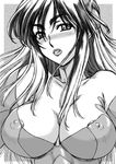  areolae breasts cleavage copyright_request covered_nipples greyscale hanzaki_jirou huge_breasts lips monochrome solo 