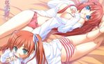  aqua_eyes arm_support ass blue_eyes blush bow bow_panties dress_shirt green_eyes hair_ornament hair_ribbon hairclip highres lace lace-trimmed_panties long_hair long_sleeves lying multiple_girls no_bra no_pants on_back on_stomach open_clothes open_shirt orange_hair panties peko red_hair red_panties ribbon shirt siblings sisters striped striped_panties takaoka_miyuki takaoka_sayuki touji_no_sato twins twintails underwear wallpaper 