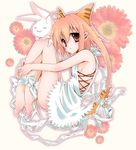  ahoge animal_ears bare_arms barefoot bell bow brown_eyes cat_ears cat_tail copyright_request cross-laced_clothes dress floral_background full_body leg_hug looking_at_viewer orange_hair outline ribbon solo stuffed_animal stuffed_bunny stuffed_toy tail tail_bell tail_bow usa_(cubic) white_dress white_ribbon 