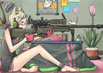  1girl animal_ears bottomless cat_ears flat_chest glasses gun indoors mouse on_floor original short_hair sitting wavy_mouth weapon 