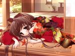  2003 autumn bare_shoulders blush bow brown_eyes brown_hair closed_mouth english expressionless floral_print garden hair_bow hair_in_mouth indoors interior itou_noiji japanese_clothes kimono komorebi_ni_yureru_tamashii_no_koe leaf long_hair long_sleeves looking_at_viewer lying maple_leaf obi off_shoulder ponytail porch red_kimono ribbon sash sliding_doors solo sui_(komorebi) very_long_hair yukata 