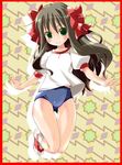  arima_miyako artist_request black_hair blush bow buruma green_eyes gym_uniform hair_bow long_hair looking_at_viewer melty_blood smile solo thigh_gap tsukihime 