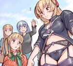  black_legwear black_panties blonde_hair bow bow_panties breasts daiginjou dress frills futaba_channel garter_belt groin large_breasts lingerie multiple_girls open_clothes open_dress panties rozen_maiden shinku standing suigintou thighhighs tsuda_nanafushi underwear 