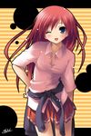  blue_eyes blush clothes_around_waist hand_on_hip kantoku long_hair one_eye_closed open_mouth original red_hair skirt solo striped striped_background sweater_around_waist 