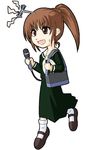  :d antennae artist_request bag brown_eyes brown_footwear brown_hair dress full_body green_dress handbag long_sleeves lowres maria-sama_ga_miteru mary_janes microphone neckerchief open_mouth ponytail ribbon sailor_collar sailor_dress shoes short_hair simple_background smile socks solo sweatdrop tsukiyama_minako walking white_background white_legwear white_neckwear yellow_ribbon 