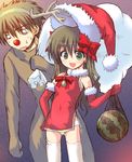  1girl animal_costume antlers arima_miyako artist_request bare_shoulders bell bow brown_hair china_dress chinese_clothes christmas detached_sleeves dress elbow_gloves flat_chest food fruit gloves green_eyes hair_bow hat long_hair melty_blood navel oekaki open_mouth panties pantyshot pantyshot_(standing) red_gloves reindeer_costume ribbon sack santa_costume santa_hat source_request standing sweat thighhighs tsukihime underwear watermelon 