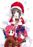  animal_costume antlers black_hair blush bow christmas fur green_eyes hair_bow hat hisui hooves hug kohaku long_hair long_sleeves multiple_girls pink_hair q-gaku red_eyes reindeer_costume santa_costume santa_hat short_hair siblings sisters smile snow snowing toono_akiha tsukihime twins 