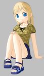  3d ana_coppola arm_support artist_request blonde_hair blouse blue_eyes grey_background hand_on_own_knee ichigo_mashimaro knees_up long_hair open_mouth sandals simple_background sitting skirt solo 