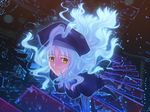  breasts caren_hortensia city_lights covered_nipples fate/hollow_ataraxia fate_(series) from_above game_cg glowing glowing_hair hat large_breasts layered_sleeves long_sleeves looking_up solo stairs takeuchi_takashi transparent white_hair yellow_eyes 