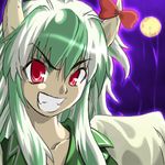  :d artist_request bangs collarbone evil_grin evil_smile ex-keine fangs full_moon glowing green_hair grin head_tilt horn_ribbon horns kamishirasawa_keine long_hair looking_at_viewer lowres messy_hair moon multicolored_hair night open_mouth outdoors ribbon smile solo teeth touhou two-tone_hair upper_body v-shaped_eyebrows white_hair 