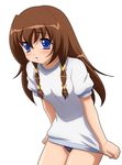  :o bangs blue_eyes blush brown_hair buruma child covering covering_crotch cowboy_shot embarrassed flat_chest from_side gym_uniform hair_between_eyes hair_ornament heart heart_hair_ornament long_hair open_mouth shirt shirt_tug short_sleeves sidelocks simple_background solo standing sugimura_tomokazu tachibana_ichika utakata white_background 