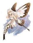  1girl aerie_(bravely_default) bare_shoulders black_gloves bravely_default:_flying_fairy bravely_default_(series) butterfly_wings dress fairy fairy_wings gloves grey_eyes long_hair ma-hain-scarlet pointy_ears short_dress sketch smile solo strapless strapless_dress thigh_strap thighhighs white_dress white_hair wings 