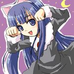  animal_ears arms_up artist_request black_dress blue_eyes blue_hair blush cat_ears collar crescent_moon dress fake_animal_ears hairband hazuki_(tsukuyomi) long_sleeves looking_at_viewer lowres moon open_mouth paw_pose purple_background simple_background smile solo tsukuyomi_moonphase upper_body 