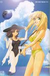  ball beachball bikini blonde_hair breasts cloud day excel excel_saga fang green_eyes hat hyatt long_hair multiple_girls rikudou_koushi swimsuit 