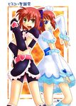  artist_request blue_eyes brown_eyes cosplay cure_black cure_black_(cosplay) cure_white cure_white_(cosplay) elbow_gloves futari_wa_precure gloves hisui kohaku lowres magical_girl midriff multiple_girls parody precure red_hair short_hair siblings sisters tsukihime twins 