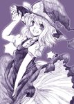  :d adjusting_clothes adjusting_hat bangs bow dress dress_tug fang grin hair_bow hat hat_bow head_tilt kirisame_marisa looking_at_viewer mikage_baku monochrome open_mouth puffy_short_sleeves puffy_sleeves purple purple_background short_sleeves simple_background smile solo star touhou witch_hat 