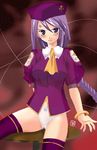  anger_vein artist_request ascot beret black_eyes blush bottomless bracelet braid etherlite hat jewelry long_hair looking_at_viewer melty_blood no_pants panties purple_hair sion_eltnam_atlasia sitting sitting_on_table solo string table thighhighs tsukihime underwear very_long_hair white_panties 
