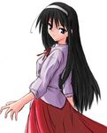  artist_request black_hair blue_eyes bow hairband long_hair long_skirt long_sleeves looking_at_viewer looking_back neck_ribbon red_skirt ribbon serious shirt simple_background skirt solo standing toono_akiha tsukihime white_hairband 