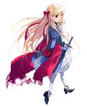  ahoge ascot blonde_hair dress floating_hair frills full_body hair_ribbon long_hair long_sleeves looking_back miyama_waka original pantyhose petticoat puffy_sleeves ribbon shawl sheath sheathed shoe_ribbon shoes solo sword very_long_hair walking weapon white_legwear 