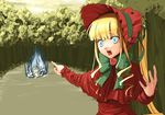  aqua_eyes blonde_hair blue_fire body_mahattaya_ginga bonnet bow burning capelet crawling day drill_hair fire flower forest grey_hair junk long_hair long_sleeves multiple_girls nature nude open_mouth outdoors pointing red_flower red_rose ribbon rose rozen_maiden shinku shouting suigintou very_long_hair 