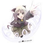  animal_ears bell brown_eyes cat_ears jacket long_hair long_sleeves open_mouth original outstretched_arms satomi shoes skirt solo tail thighhighs white_hair 