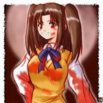  blood blood_on_face brown_hair hana_(hana_mo_arashi_mo) long_sleeves red_eyes school_uniform solo tsukihime twintails yumizuka_satsuki 