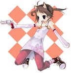  animal_ears brown_hair cat_ears detached_sleeves dress fake_animal_ears gun handgun holding holding_gun holding_weapon namori original overalls pinafore_dress revolver shoes sneakers solo twintails weapon 
