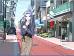  blue_hair braid brick_floor car caster casual cityscape day fate/hollow_ataraxia fate/stay_night fate_(series) flower game_cg ground_vehicle jacket long_hair long_skirt long_sleeves manhole manhole_cover motor_vehicle planter pointy_ears power_lines road shadow sign skirt sky solo street takeuchi_takashi tan_skirt telephone_pole tile_wall tiles umbrella 