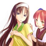  artist_request bad_anatomy blue_eyes blush_stickers brown_hair hand_on_shoulder kohaku long_hair multiple_girls simple_background toono_akiha tsukihime very_long_hair yellow_eyes 