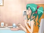  animated animated_gif closed_eyes eating green_hair kitchen kuroki_manatsu lowres screencap solo spoon twintails utakata 