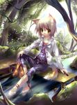  animal_ears barefoot blonde_hair fox_ears holding holding_shoes katana long_sleeves nature original outdoors river shoes shoes_removed short_hair soaking_feet solo stream sword tail tree tree_shade water weapon yamamoto_nori yellow_eyes 