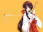  artist_request bamboo_broom blush broom brown_eyes copyright_request english hakama happy japanese_clothes kappa long_hair long_sleeves miko poem ponytail red_hakama solo very_long_hair 
