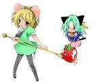  angel_mort animal_ears blonde_hair dress food fork fruit full_body higurashi_no_naku_koro_ni houjou_satoko kamiyoshi_rika mouse_ears multiple_girls pantyhose sailor_dress sonozaki_shion strawberry transparent_background 