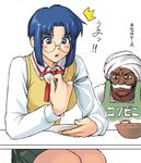  :o apron artist_request black_eyes blue_eyes blue_hair blush bowl ciel collared_shirt dark_skin eating facial_hair food glasses green_skirt holding holding_food long_sleeves mustache open_mouth plate pleated_skirt red_ribbon ribbon rimless_eyewear school_uniform shirt short_hair sidelocks sitting skirt table tsukihime turban vest white_hair white_shirt yellow_vest 