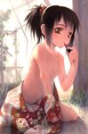  black_hair breasts copyright_request cosmetics goto_p japanese_clothes lipstick lipstick_tube makeup ponytail small_breasts solo topless 