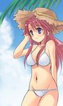  adjusting_hair aty_(summon_night) bikini blue_eyes cloud day groin hat long_hair lowleg lowleg_bikini otoutogimi pink_hair smile solo straw_hat summon_night summon_night_3 swimsuit white_bikini 