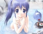  alternate_hairstyle artist_request blue_eyes blush covering food long_hair looking_at_viewer looking_up nude onsen ponytail sakura_(ukagaka) sushi tokkuri towel towel_on_head translated tray ukagaka unyuu very_long_hair water 