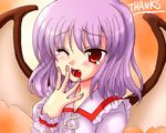  ;o artist_request bangs bat_wings blush capelet hand_to_own_mouth long_sleeves oekaki one_eye_closed open_mouth orange_background purple_hair red_eyes remilia_scarlet short_hair sleepy solo tearing_up touhou upper_body wings wristband yawning 
